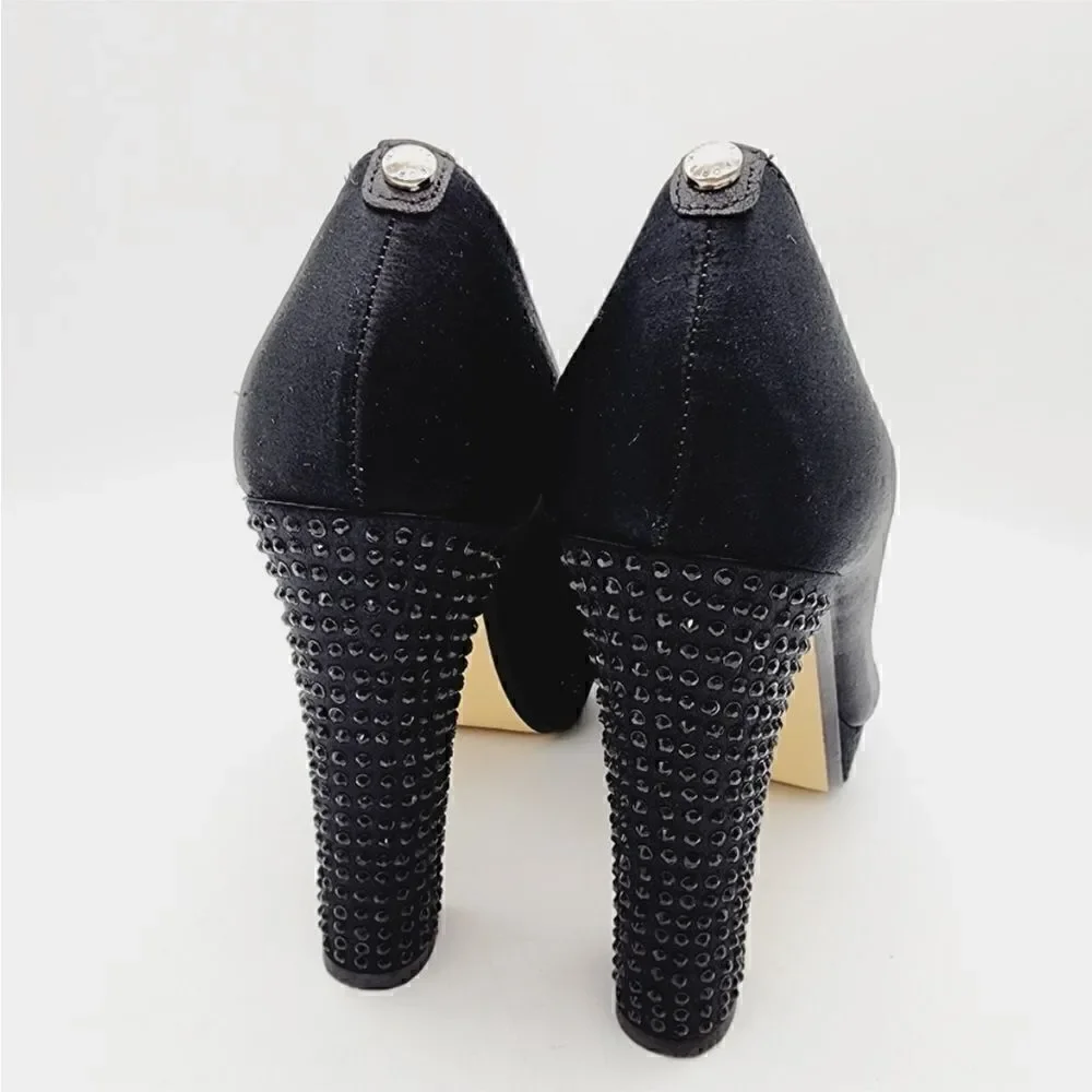 Michael Kors EUC Nadia Black Satin Crystal Heels with Peep Toe Heels